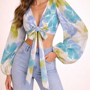 Mika & Gala Romantic Floral Tie Crop Top M Puffy Sleeve Boho Goddess Blouse NWT